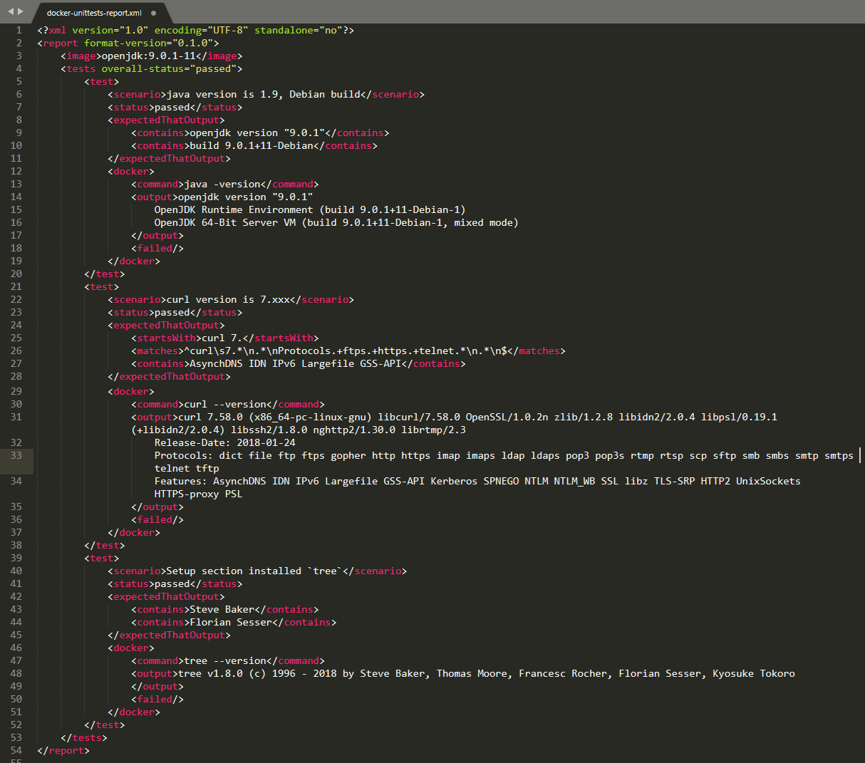 xml result of docker image testing