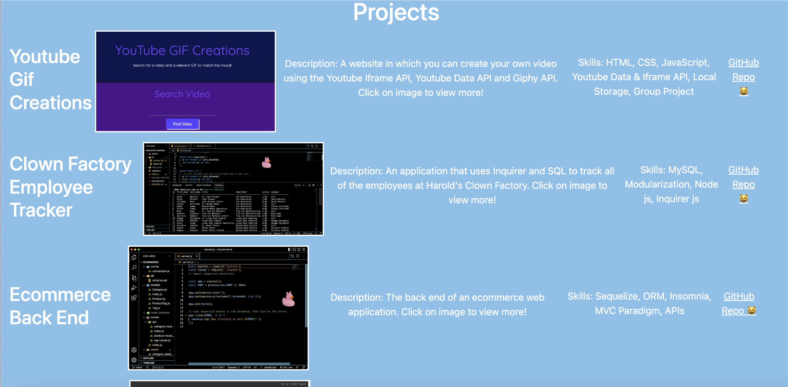 Scrreenshot of desktop version of projects section with projects listed in a horizontal format