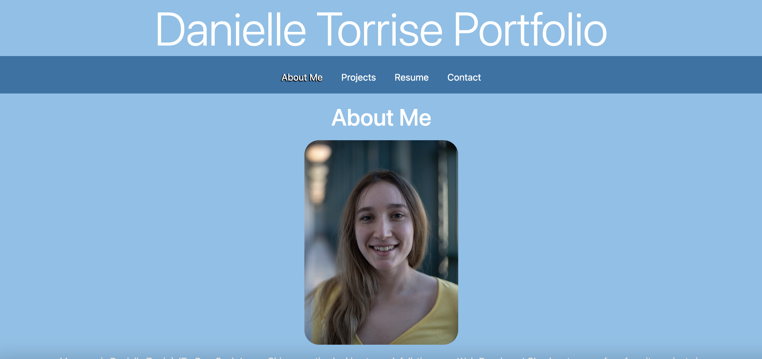 Screenshot of main page with headshot of myself and about me section under Header and Navigation