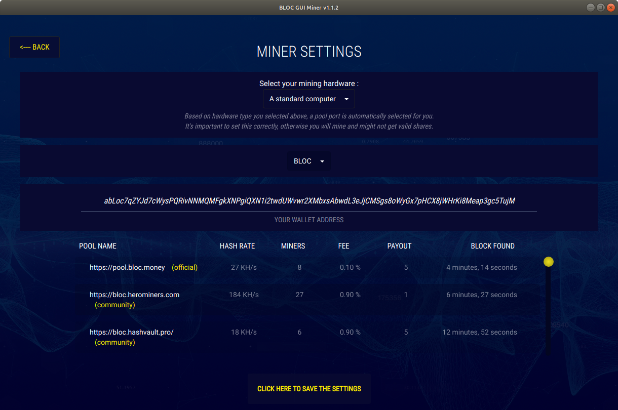 BLOC GUI Miner Miner Settings