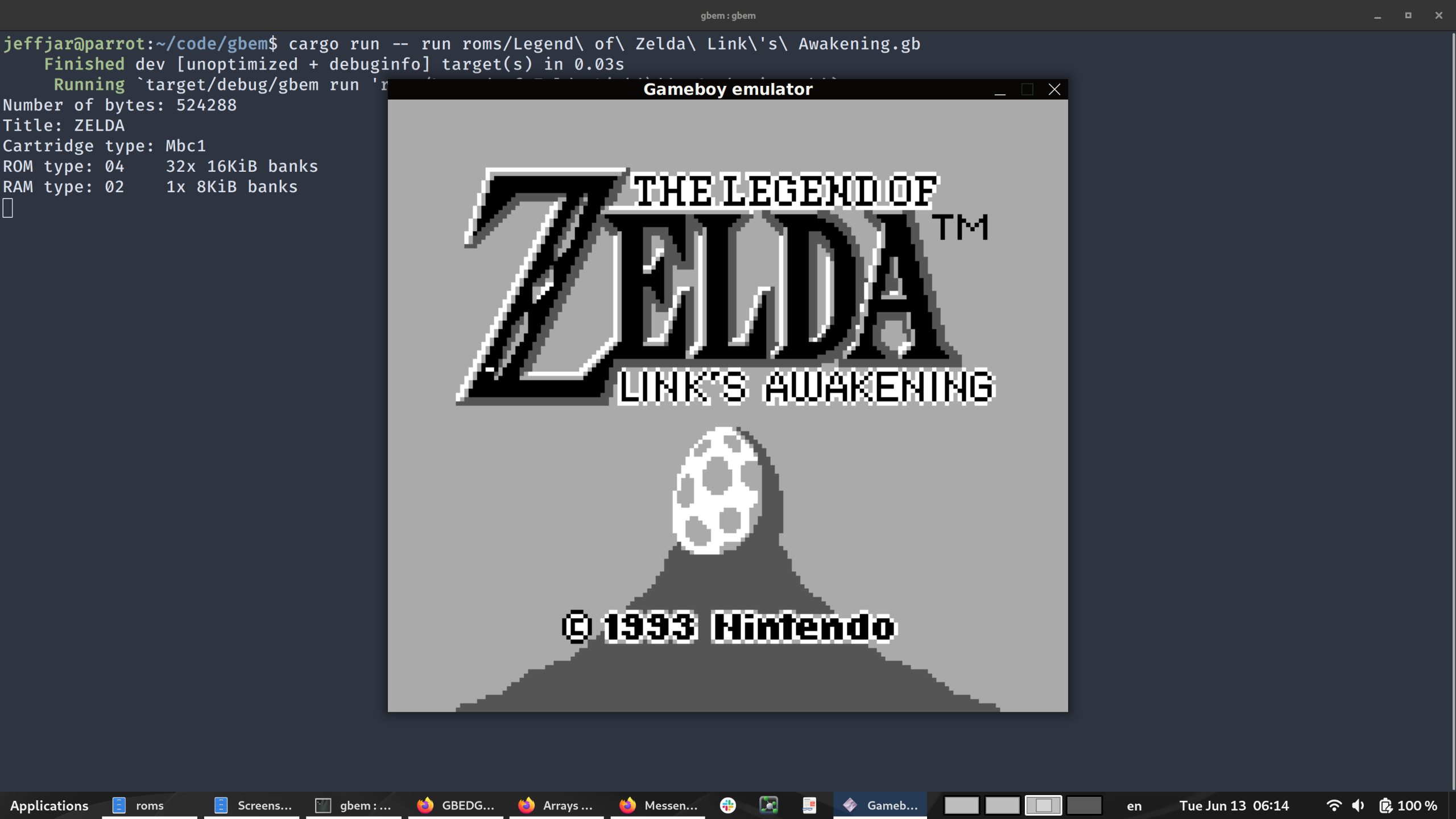 Screenshot of the emulator playing the title screen of The Legend of Zelda, Link's Awakening