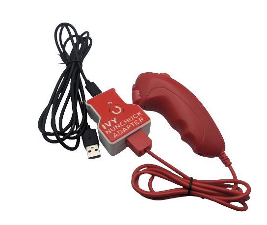An Ivy Nunchuck Adapter with a red Nunchuck controller.