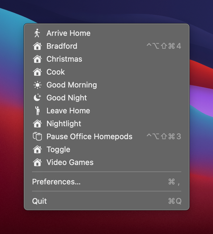 Screenshot of menubar items