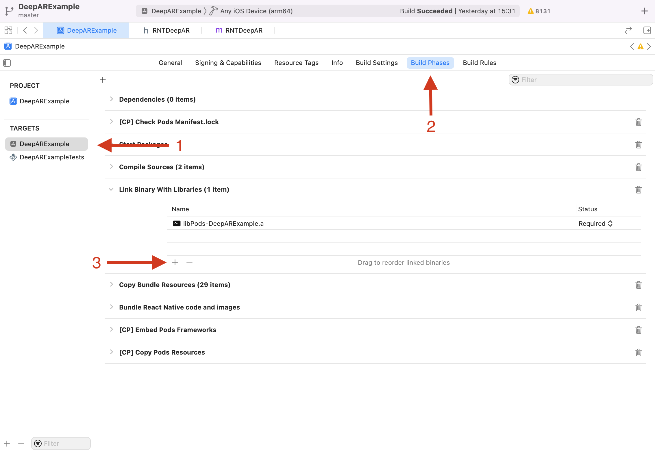 Add DeepAR to Build Phases in Xcode