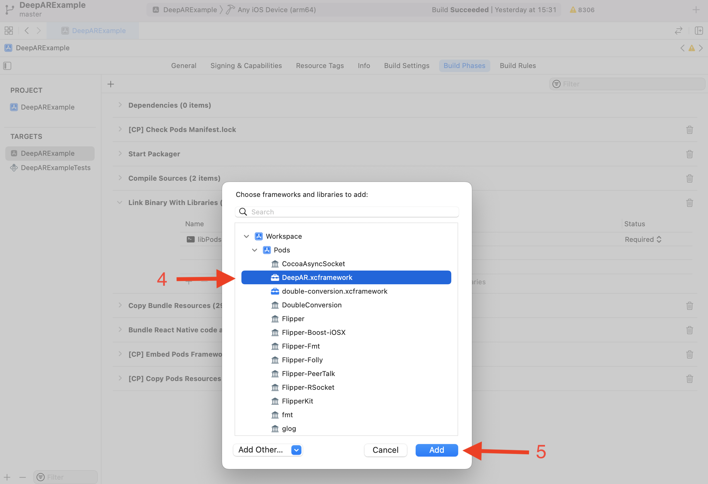 Add DeepAR to Build Phases in Xcode