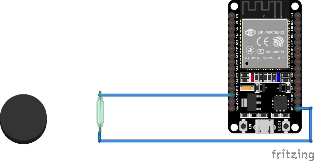 Breadboard schema ESP32:BLE Cycle Power with wheel sensor