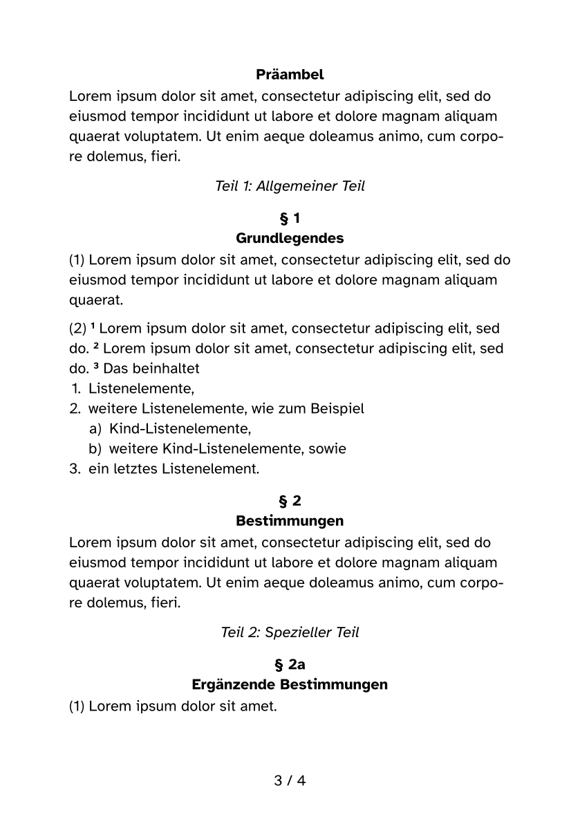 Page containing a German-style legislative content including a preamble, division titles, sections, paragraph and sentence numbering, etc.