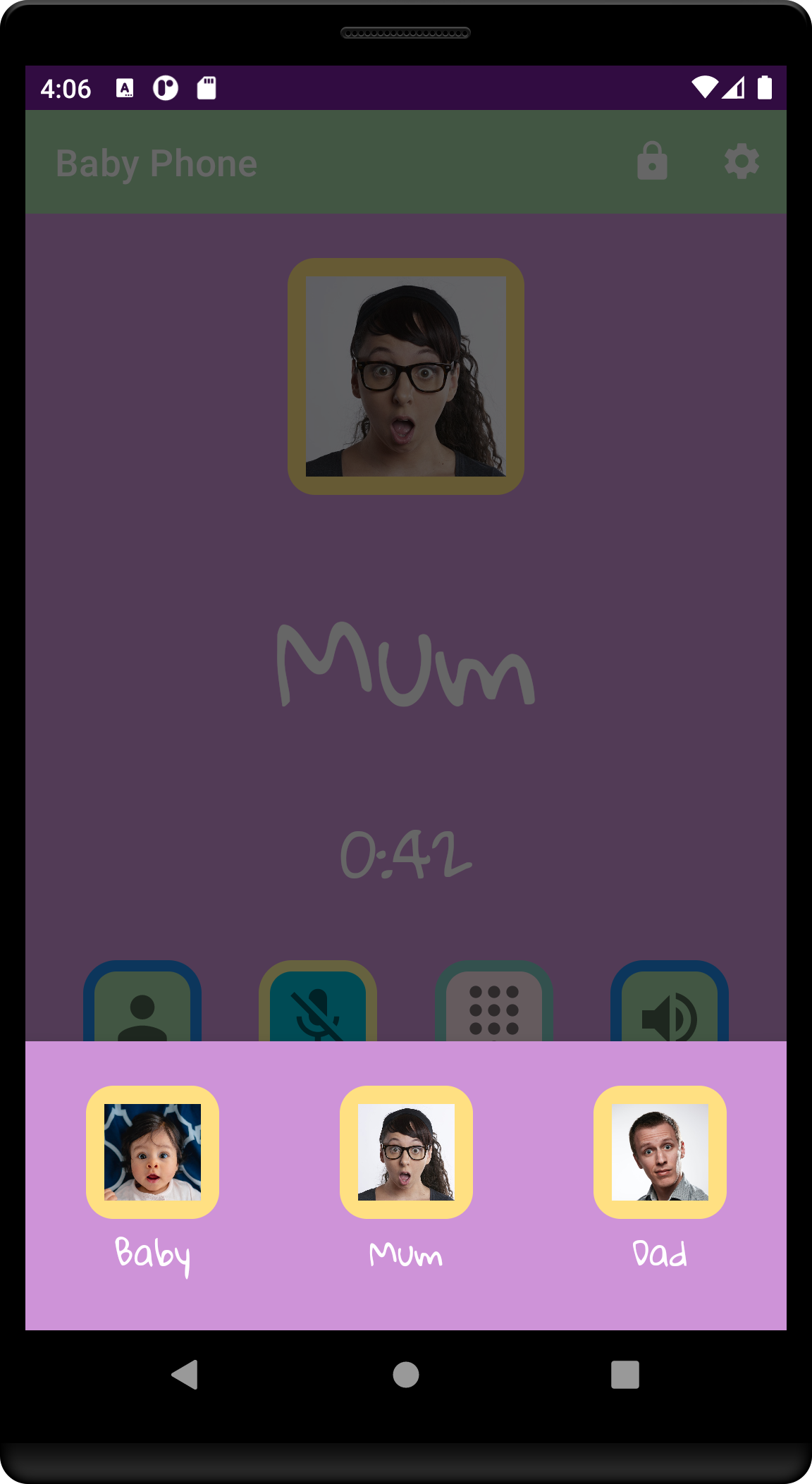 Screenshot of pretend phone app (listing contact selector on the main screen)