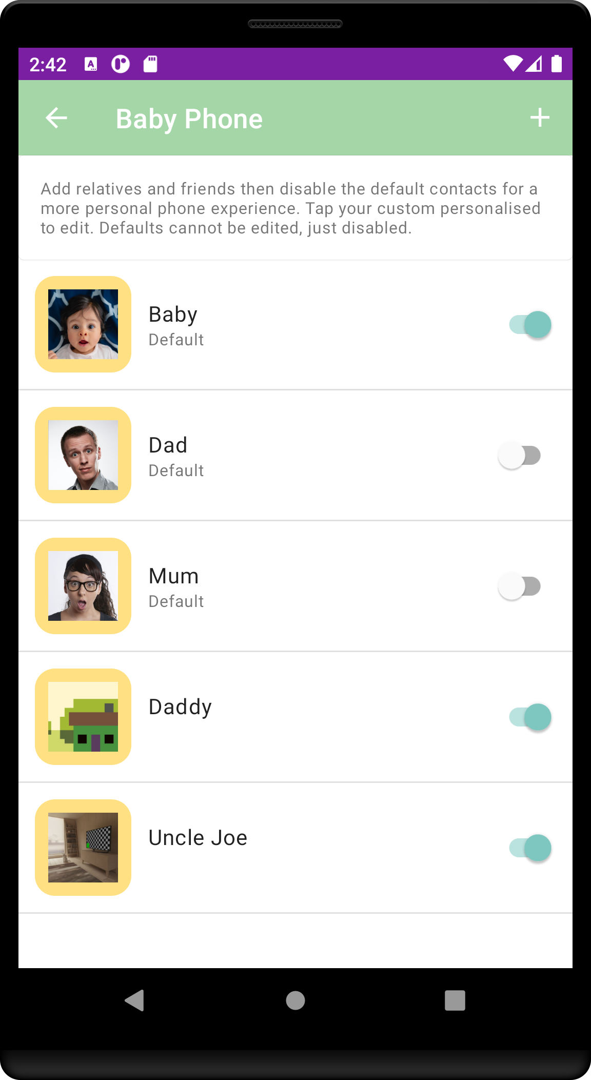 Screenshot of pretend phone app (adding new contacts via settings)