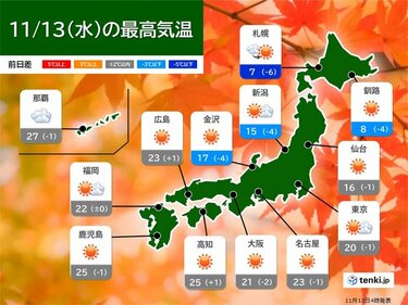 今日13日の天気　全国的に晴れて東海～九州はポカポカ　暑いくらいの所も