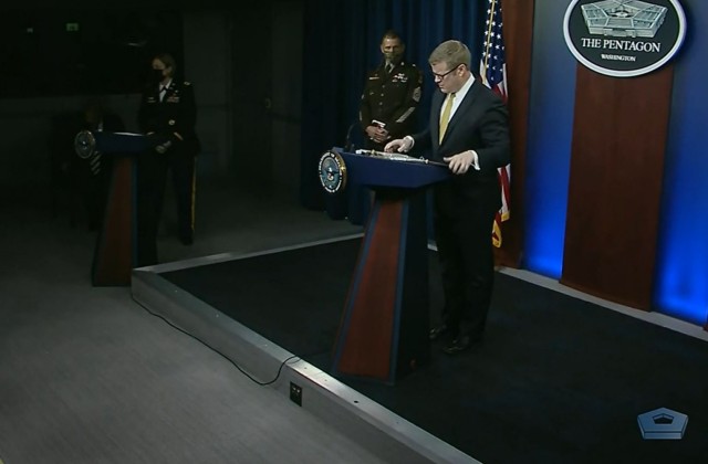 Secretary of the Army Ryan D. McCarthy, Army Chief of Staff Gen. James C. McConville, and Sgt. Maj. of the Army Michael A. Grinston provide an update on the Fort Hood independent review at the Pentagon, Dec. 8, 2020.