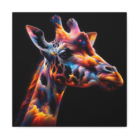 A vibrant canvas art piece featuring a cosmic-themed giraffe with stars and nebulas painted across its neck and face against a black background.