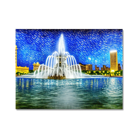 A place mats with a city skyline sitting on it near a fountain in the background of