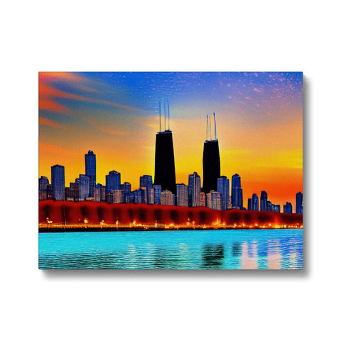 A large skyline scene with an art print of Chicago City skyline.