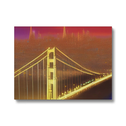 A golden bridge with a city skyline is painted in gold.