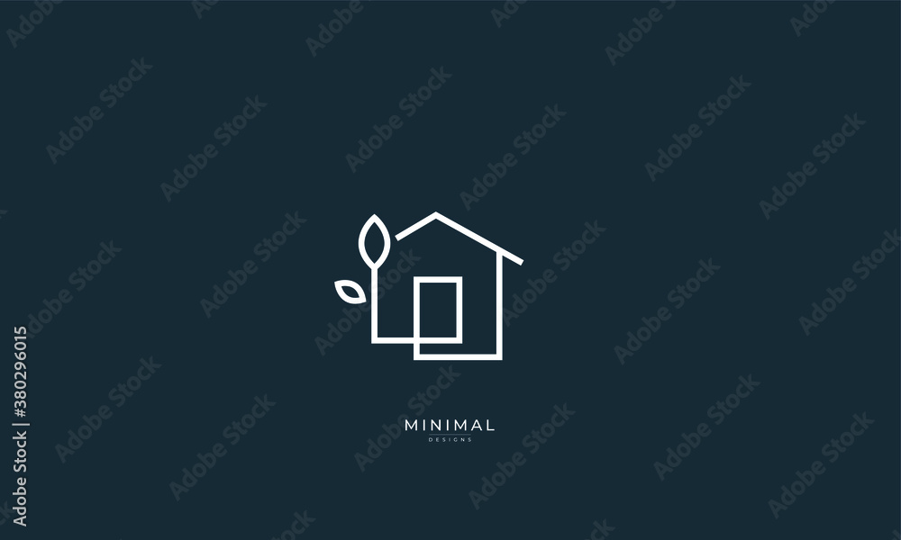 A line art icon logo of a house/home with a leaf/tree