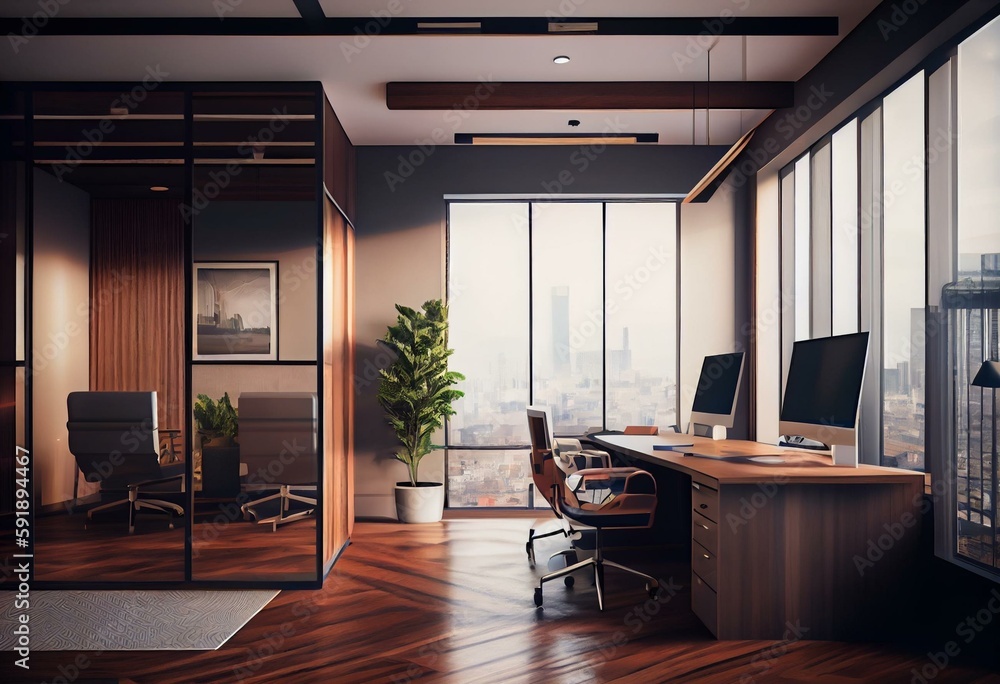 Simple spacious office interior with wooden flooring, shiny ceiling ...