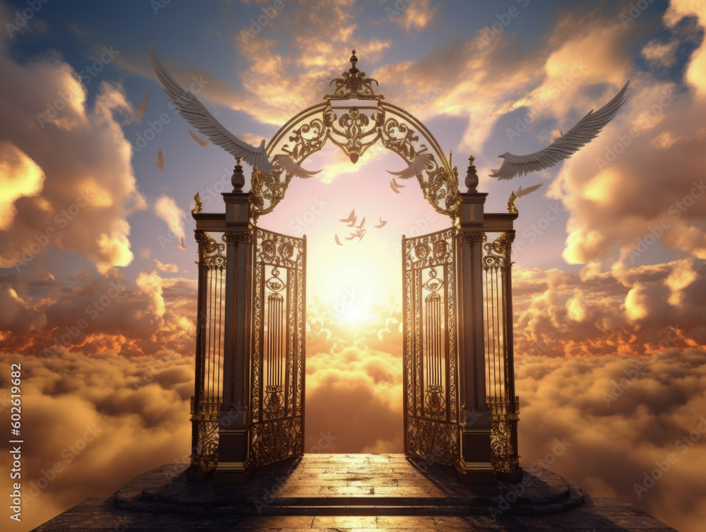 A depiction of the pearly gates of heaven open with the bright side of ...