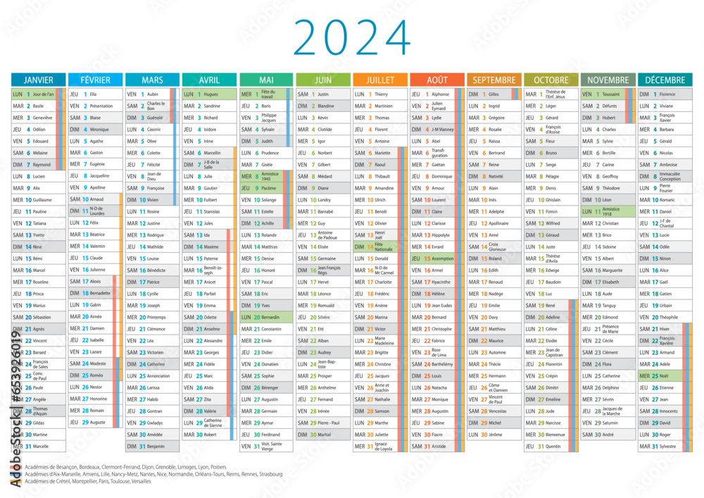 CALENDRIER 2024 français - Vacances scolaires - fériés - fêtes - 12 ...