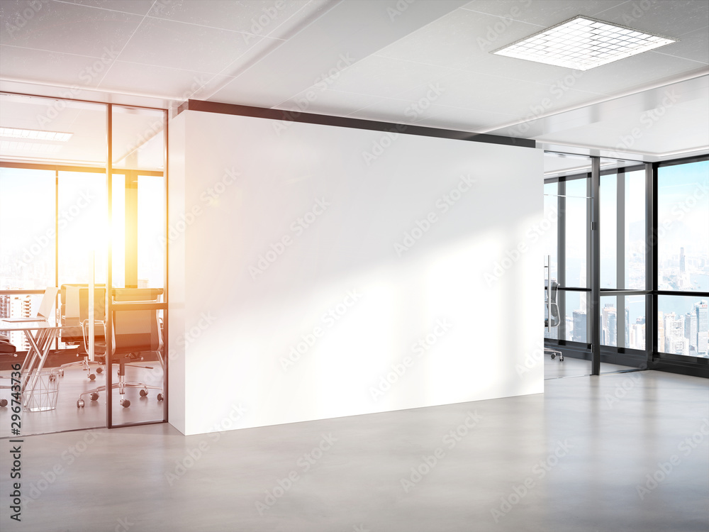 Blank white wall in concrete office with large windows Mockup 3D rendering