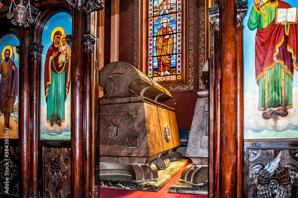 Holy Trinity Cathedral (Kiddist Selassie), Stained glass window and Haile Selassie's tomb, Addis Ababa, Ethiopia