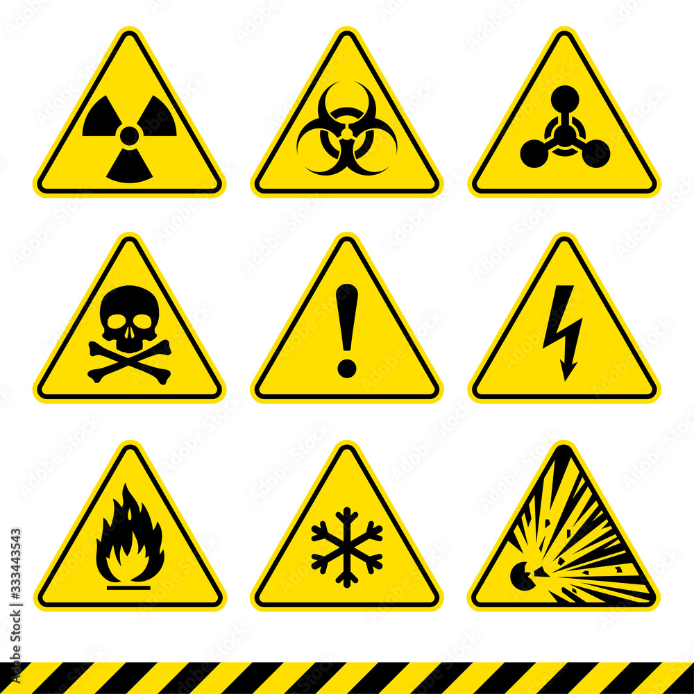 Warning signs set. Danger icons. Radiation sign. Biohazard sign. Toxic ...