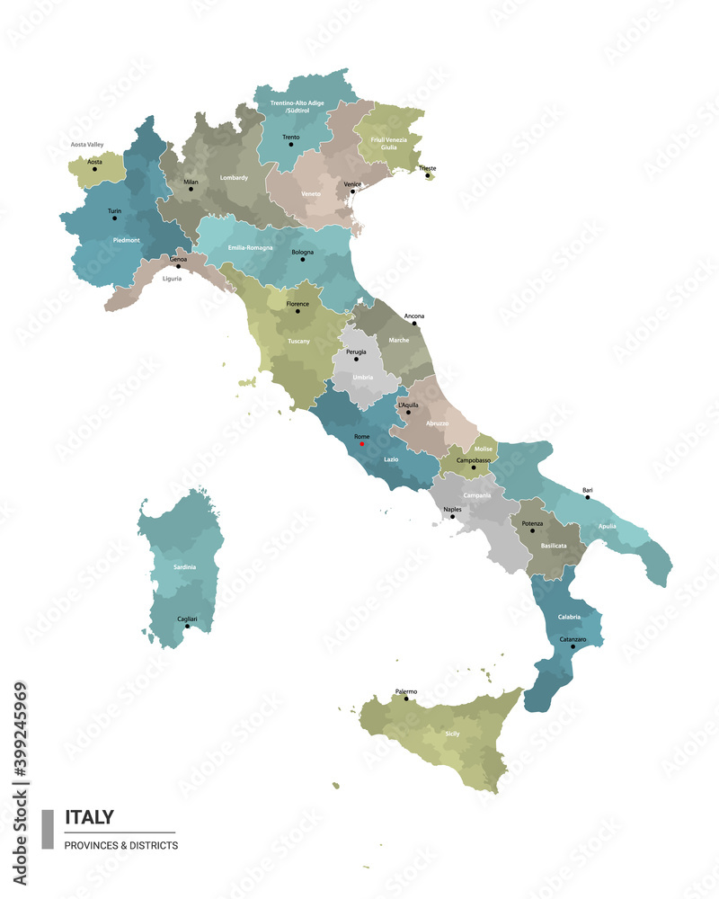 Italy higt detailed map with subdivisions. Administrative map of Italy ...