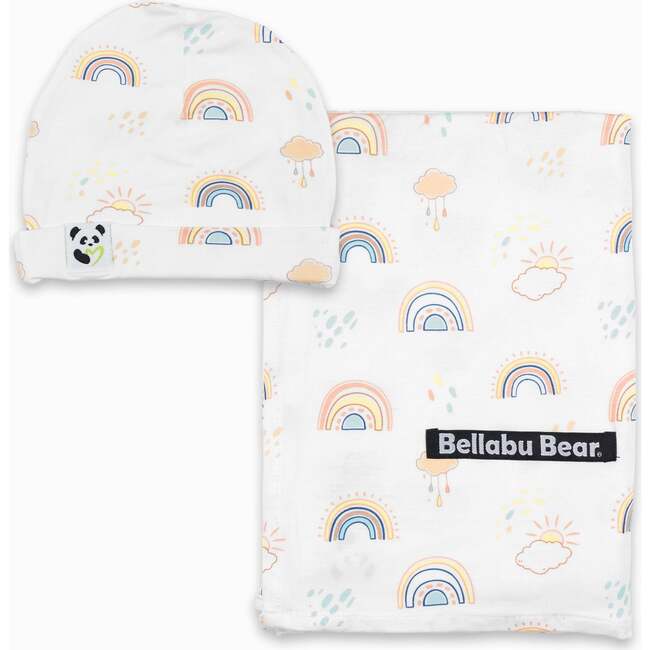 Rainbows Bamboo Swaddle & Beanie Set, White