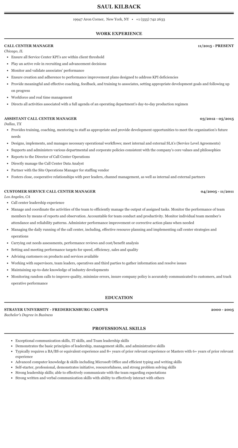 Call Center Manager Resume Examples - zfiayhshira