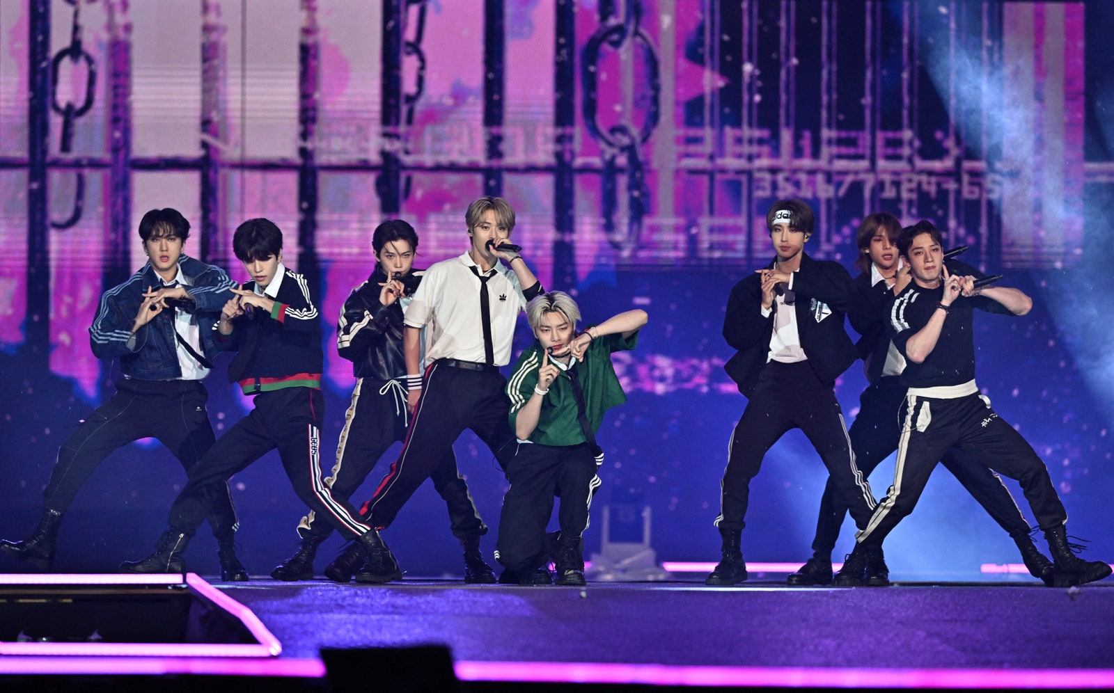 South Korean Kpop group Stray Kids performs during a Kpop concert as part of Seoul Festa 2022 at Jamsil stadium in Seoul...