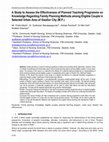 Research paper thumbnail of A Study to Assess the Effectiveness of Planned Teaching Programme on Knowledge Regarding Family Planning Methods among Eligible Couple in Selected Urban Area of Gwalior City (M.P.)