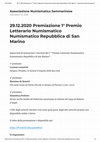 Research paper thumbnail of Premiazione 1° Premio Letterario Numismatico Numismatico Repubblica di San Marino – Associazione Numismatica Sammarinese 29/12/2020