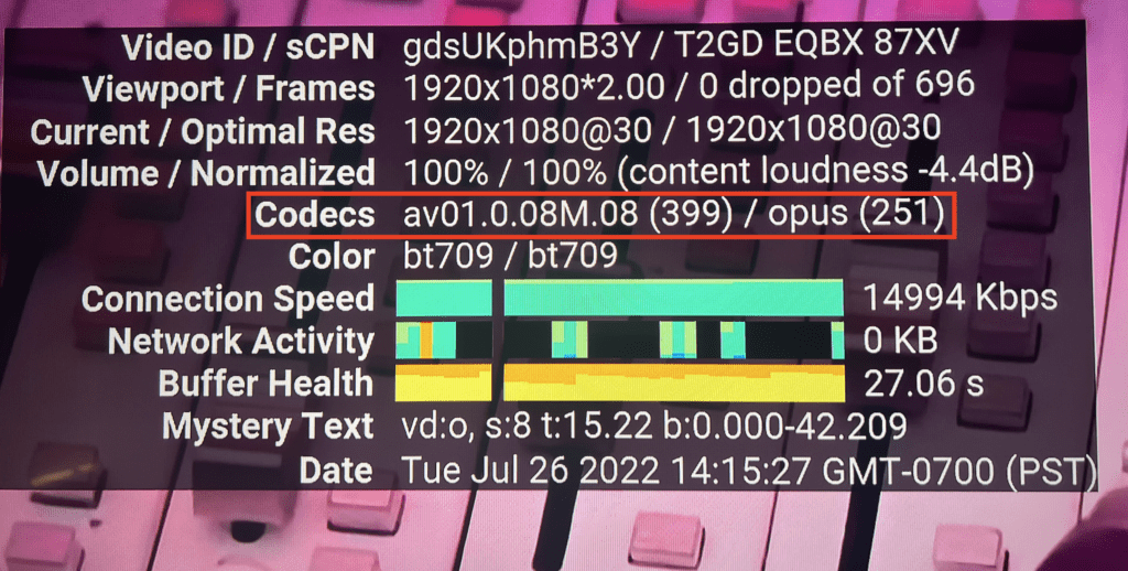 YouTube “Stats for nerds” overlay showing AV1 video playing on Roku Streaming Stick 4K