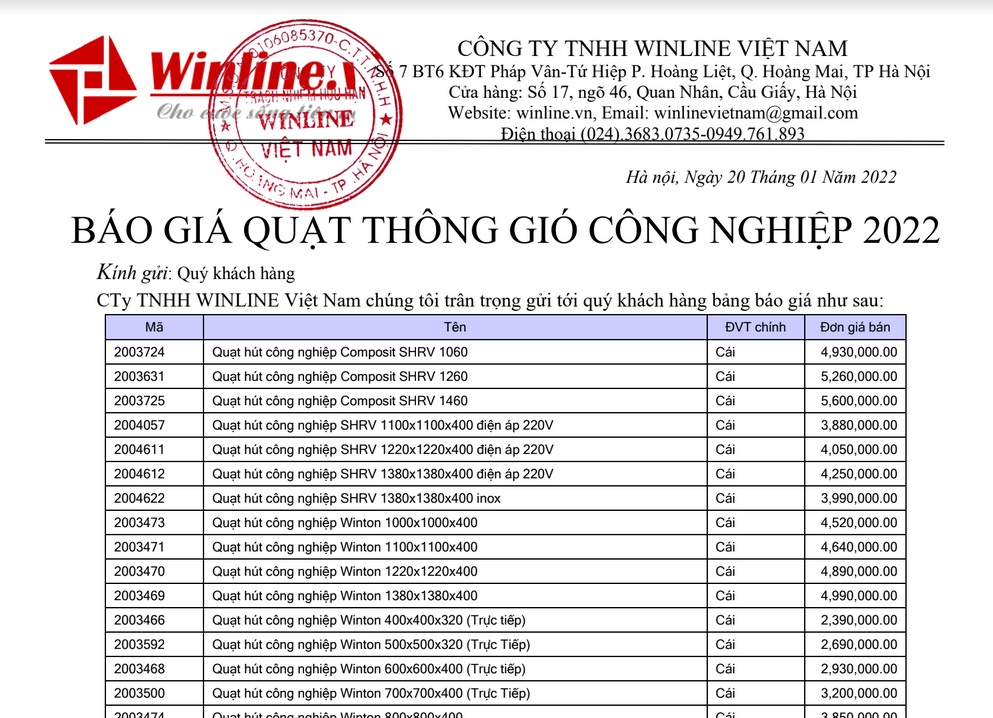 Bảng báo giá quạt thông gió công nghiệp | Winline.vn