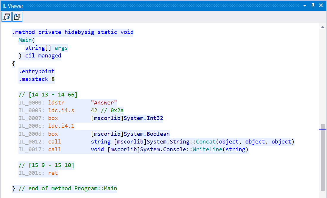 IL code for Console.WriteLine(string.Concat("Answer", 42, true))