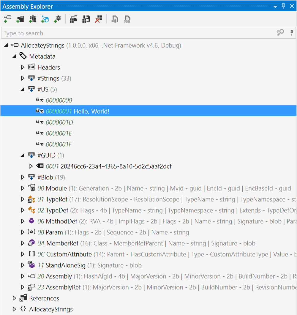 Interned strings in PE header metadata