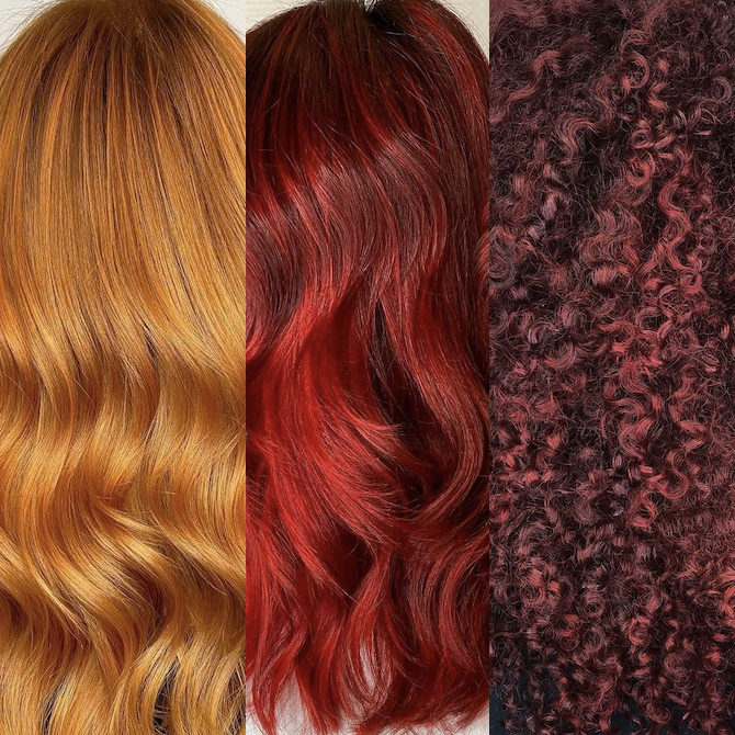 Collage of 3 red hair colors: ginger, ruby and cherry cola red.