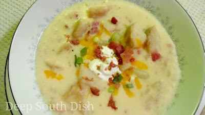 A thick and creamy soup with all the goodness of a loaded baked potato - bacon, butter, sour cream, cheddar cheese and green onion.