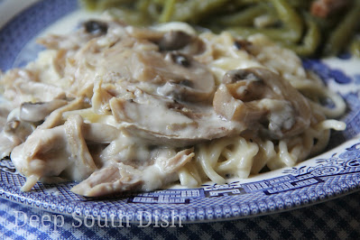 Transform slices of cooked turkey or chicken with this mushroom cream sauce, served over spaghetti noodles. Great casserole to use up leftovers.