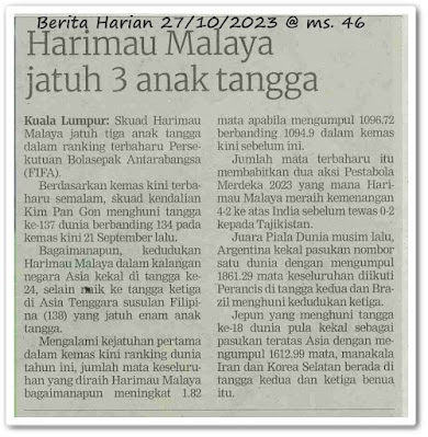 Harimau Malaya jatuh 3 anak tangga - Keratan akhbar Berita Harian 27 Oktober 2023