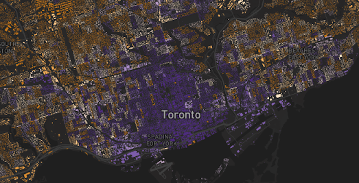 map of Toronto showing a higher percentage of people walking to work in the city center