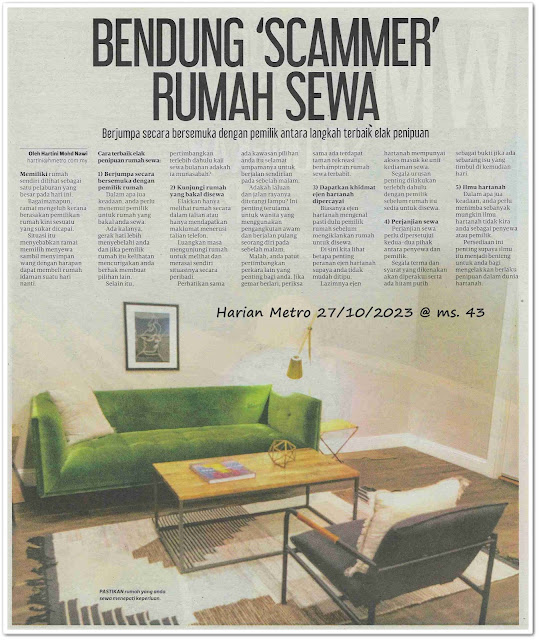 Bendung 'scammer' rumah sewa ; Berjumpa secara bersemuka dengan pemilik  - Keratan akhbar Harian Metro 27 Oktober 2023