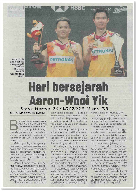 Hari bersejarah Aaron-Wooi Yik  - Keratan akhbar Sinar Harian 24 Oktober 2023