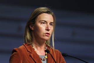 European Commission High Representative Mogherini speaks during a news conference in Riga