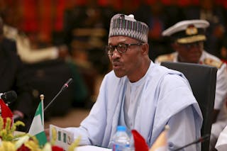 Nigeria's President Muhammadu Buhari speaks during opening ceremony for Summit of Heads of State and Governments of the Lake Cha