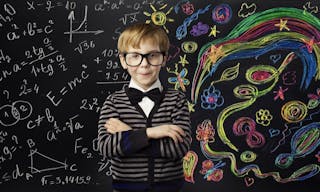 Kid Creativity Education Concept, Child Learning Art Mathematics Formula, School Boy Ideas on Black Chalk Board