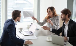 Diverse business partners disagree with company CEO on contract terms, people have dispute or fight at meeting in office, associ