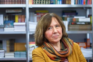 File photo of Belarussian writer Alexievich seen during a book fair in Minsk