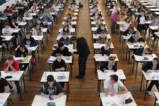 Students sit for the philosophy baccalaureate exam at the French Clemenceau Lycee in Nantes