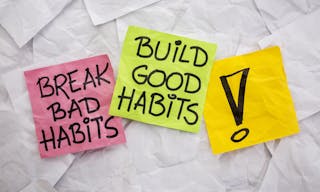 break bad habits, build good habits - motivational reminder on colorful sticky notes - self-development concept